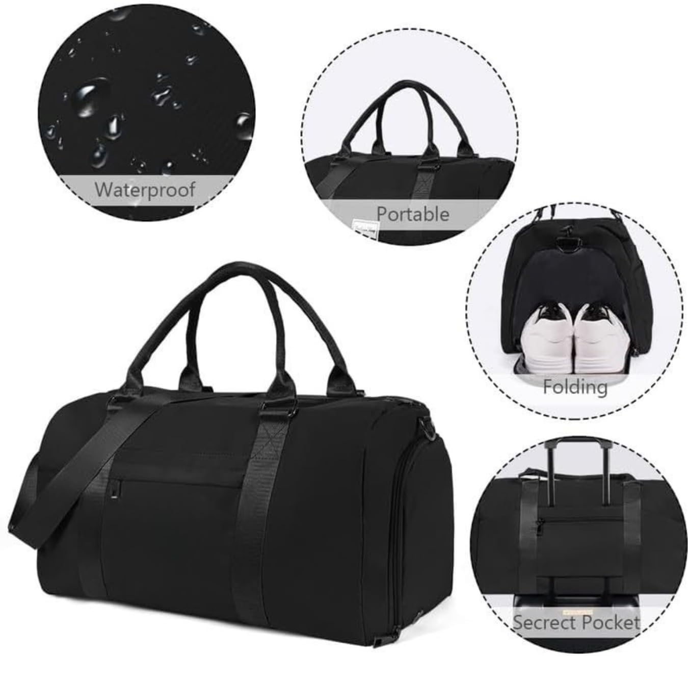 Sporttasche & Reisetasche Schwarz für Damen, Herren, Teenager, Schuhfach, Nassfach, Wasserdichte Duffel Bag, Große Fitnesstasche, Urlaub Wochenendtrips, Fitness & Reisen - Trainingstasche, Gym Bag