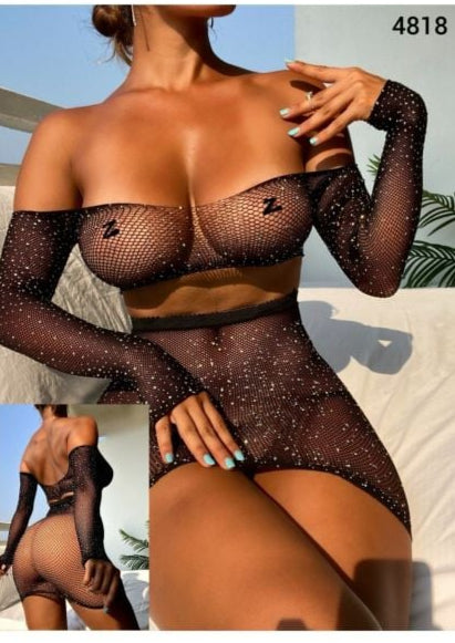 MADAME GONGO – Zweiteiliges Dessous-Set mit funkelnden Strasssteinen, durchsichtigem Netzstoff & Off-Shoulder Design, Premium Reizwäsche für Damen - MADAME GONGO