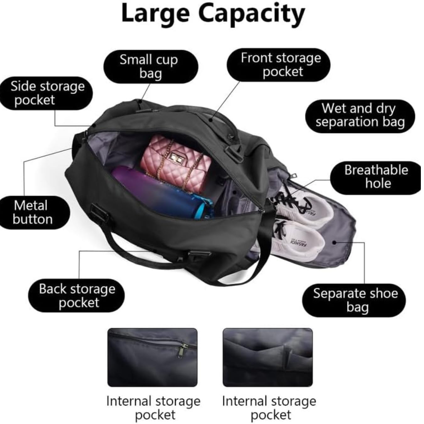 Sporttasche & Reisetasche Schwarz für Damen, Herren, Teenager, Schuhfach, Nassfach, Wasserdichte Duffel Bag,  Große Fitnesstasche, Urlaub Wochenendtrips, Fitness & Reisen - Trainingstasche, Gym Bag